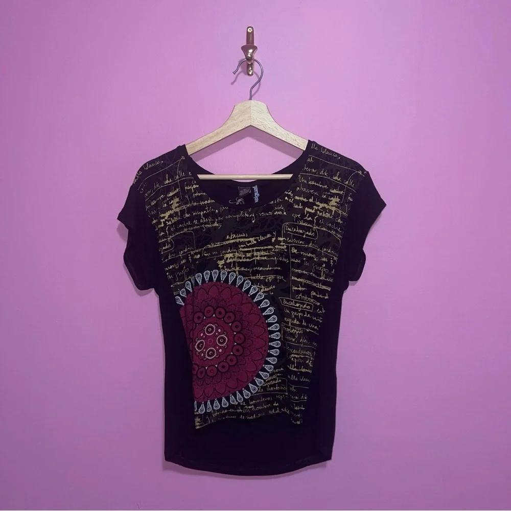 Desigual Blouse Black Short Sleeve Women’s Small Mandala Print Rhinestones - Picture 2 of 8